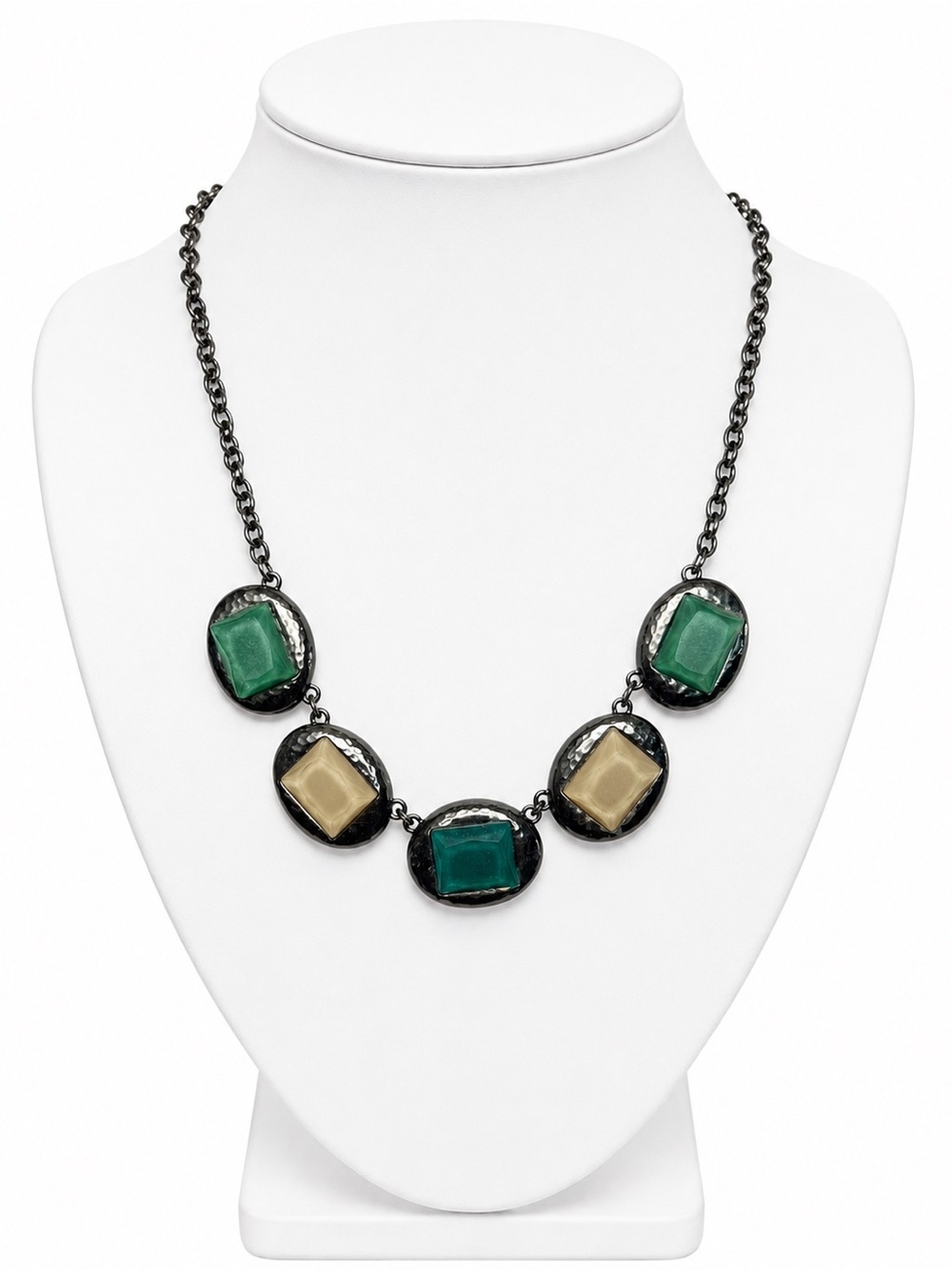 Vintage Bastian Brothers Gunmetal Faceted Green Cabochons Adjustable Necklace